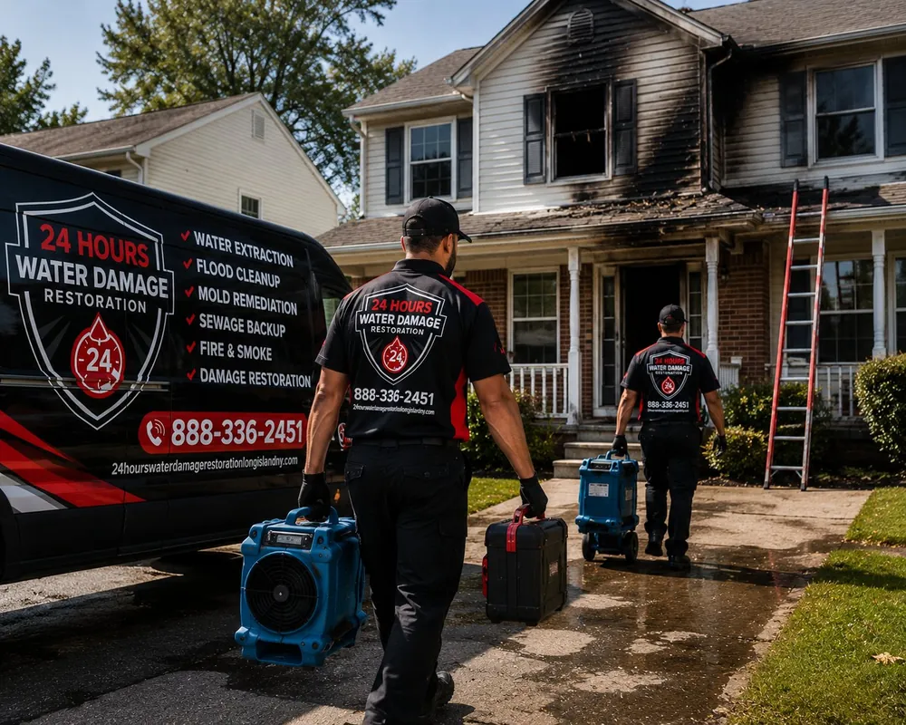 Bathroom water damage cleanup technician arriving in Jericho NY